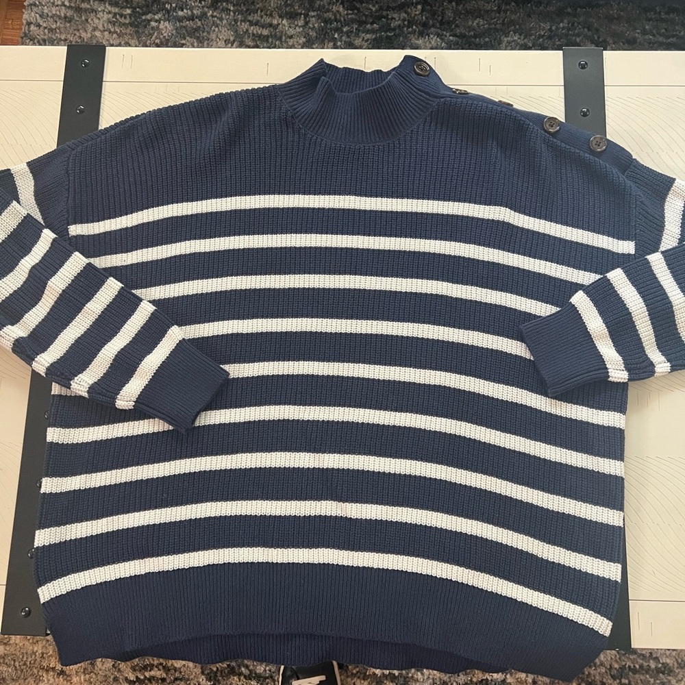 LOFT Navy and White Striped Turtleneck Sweater